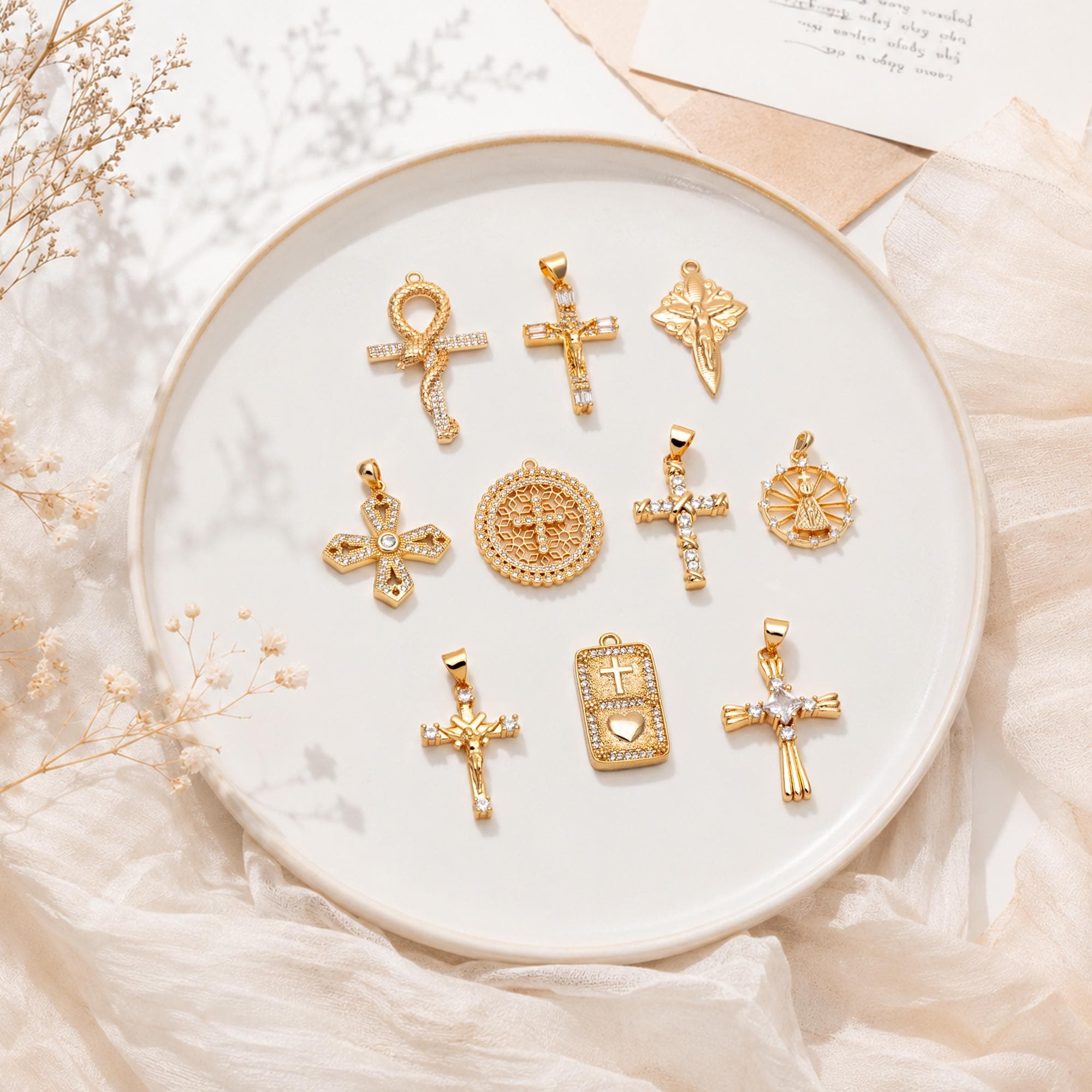 4pcs CZ pave Gold Cross Pendant, Christian Cross Pendant, Snake Charms, Ankh, Jewelry Supplies (GB-2288)
